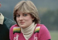 Princess Diana wearing a colorful sweater. 