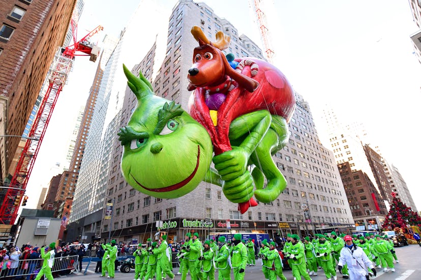 Image of a Grinch balloon float seen at the Annual Macy's Thanksgiving Day Parade in New York City. 