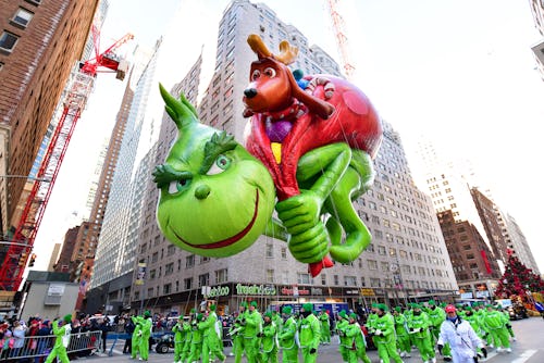 Image of a Grinch balloon float seen at the Annual Macy's Thanksgiving Day Parade in New York City. 