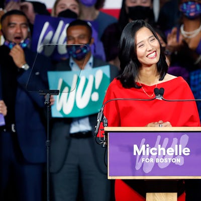 Boston - November 2: Following her victory in the Boston mayoral race, Michelle Wu spoke to supporte...