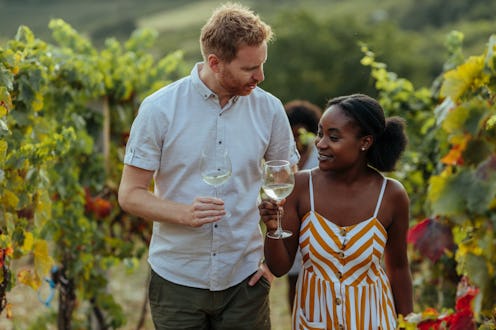 Diverse lovely couple toasting while walking through vineyard