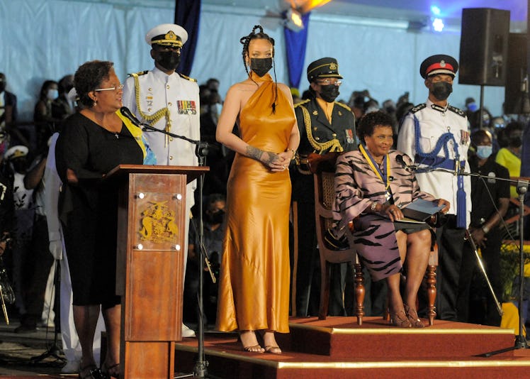 Rihanna attended the Pride of Nationhood ceremony in Bridgetown, Barbados, on Nov. 30 to receive the...