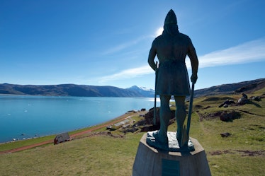 Statue of famous Norse explorer Leif Ericson overlooking the Viking settlement Brattahlid, today kno...
