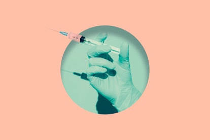 Doctor's hand holding syringe of Coronavirus vaccine placed inside round hole in pink paper.Digital ...