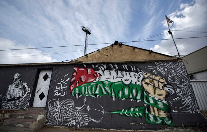  Mural seen on a wall in Gaza, Palestine protesting the 104th anniversary of the British Balfour Dec...