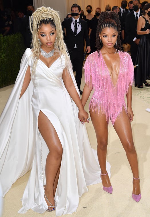 Chloe Bailey (L) and Halle Bailey arrive for the 2021 Met Gala at the Metropolitan Museum of Art on ...