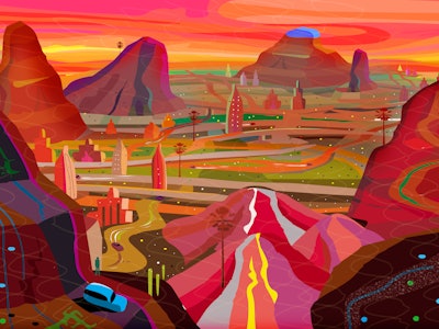 Richly red colored and textured dream landscape cityscape with retro cars, highways and highrise bul...