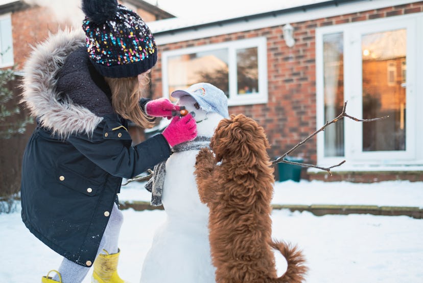 A little girl is putting a carrot on a snowman with the help of her little puppy.