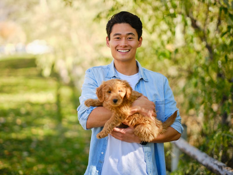 A headshot portrait of an Asian Korean man holding a Golden Doodle puppy dog.