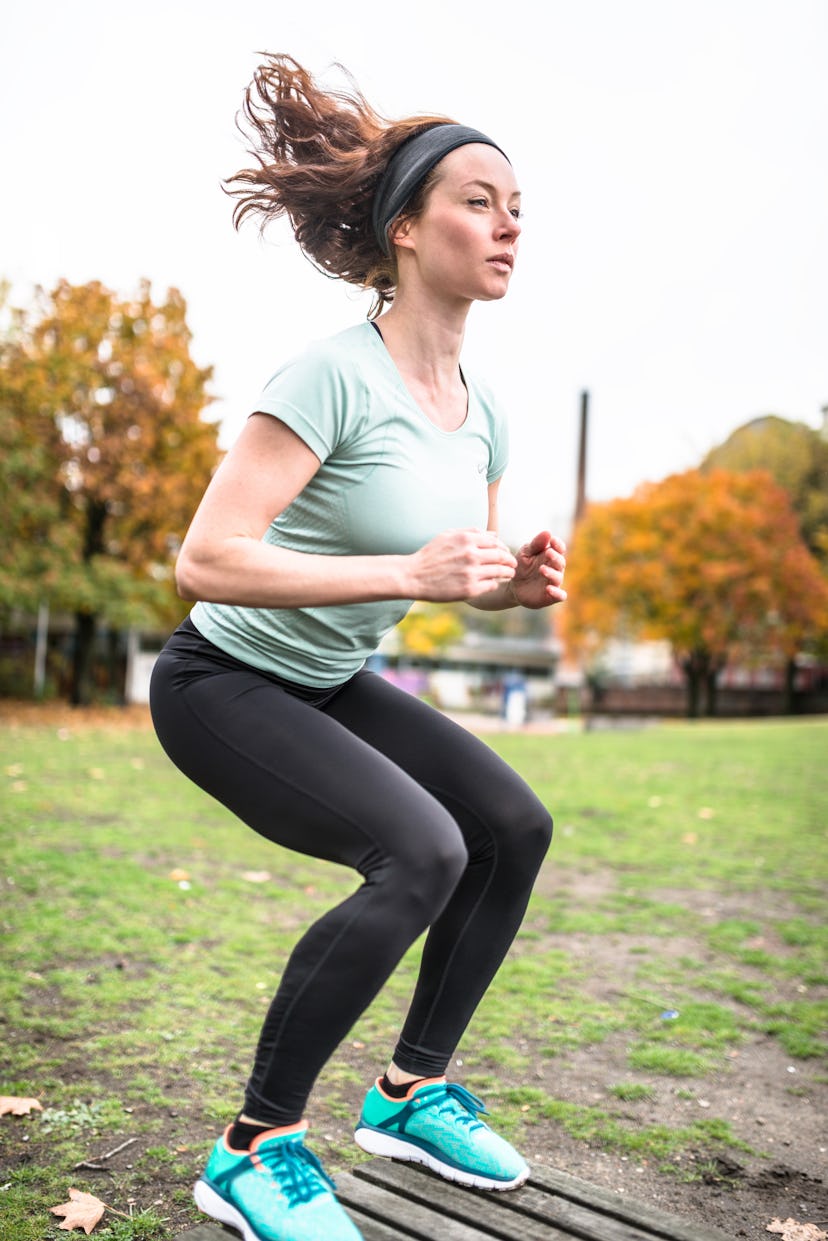 Do moves like jump squats to work the glutes in an equipment-free strength training workout.