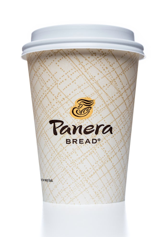 Miami, USA - February 13, 2014: Panera coffee paper cup. Panera brand is owned by Pumpernickel Assoc...
