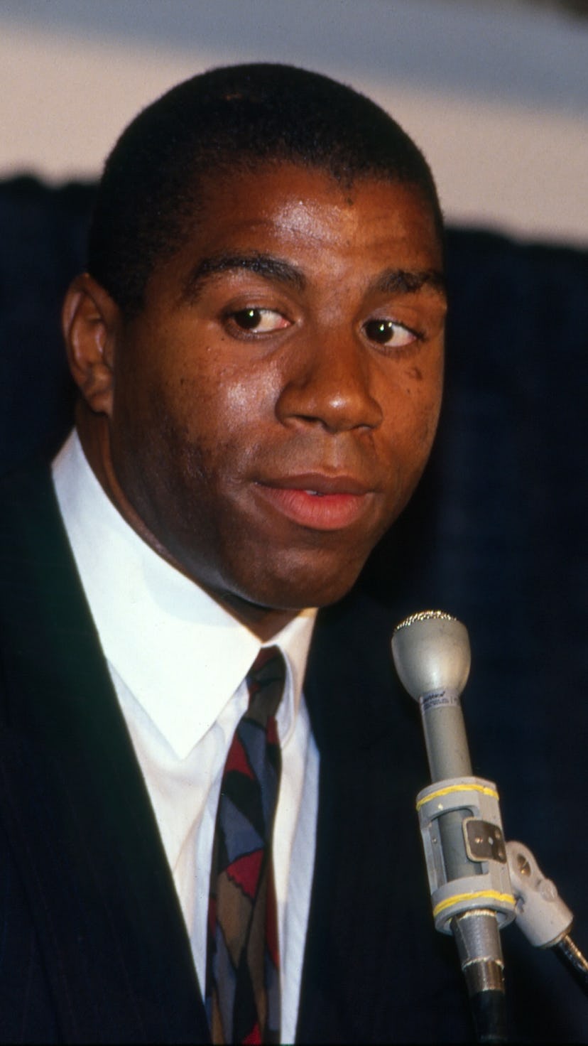 INGLEWOOD, CALIFORNIA - NOVEMBER 07: Los Angeles Lakers Earvin Magic Johnson announces his retiremen...