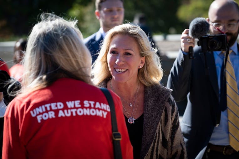 WASHINGTON, DC - NOVEMBER 01: Rep. Marjorie Taylor Greene (R-GA) greets first responders before a pr...