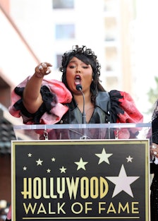 Lizzo and Missy Elliott speak onstage during the Hollywood Walk of Fame Star Ceremony for Missy Elli...