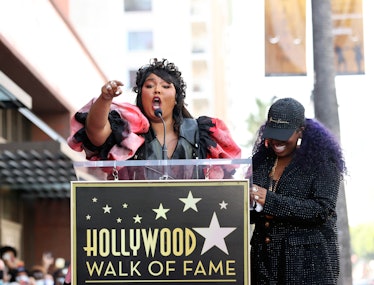 Lizzo and Missy Elliott speak onstage during the Hollywood Walk of Fame Star Ceremony for Missy Elli...