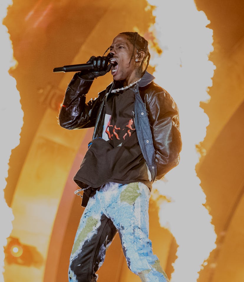 HOUSTON, TEXAS - NOVEMBER 05: Travis Scott performs during 2021 Astroworld Festival at NRG Park on N...