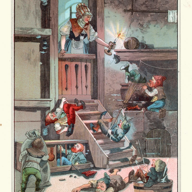 Vintage illustration Heinzelmannchen, mythical race of creatures of house gnomes or elves, Victorian...