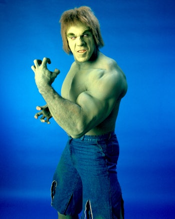 American actor and bodybuilder Lou Ferrigno as Dr Banner's atavistic alter-ego in the television ser...