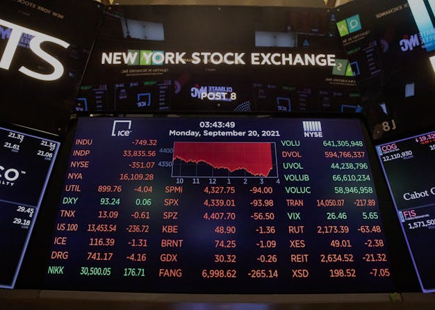 An electronic screen shows trading information at the New York Stock Exchange in New York, the Unite...