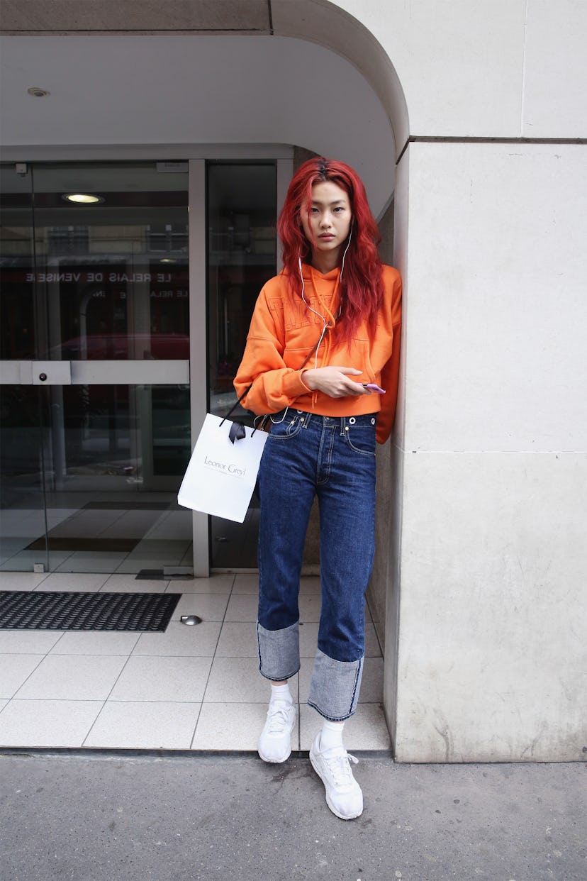 PARIS, FRANCE - OCTOBER 02:  Model, HoYeon Jung seen during Paris Fashion Week Womenswear Spring/Sum...