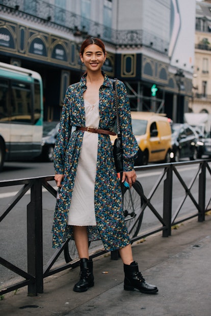 PARIS, FRANCE - JULY 2: Korean model Hoyeon Jung wears a a blue floral H&M dress-shirt, pink slip dr...