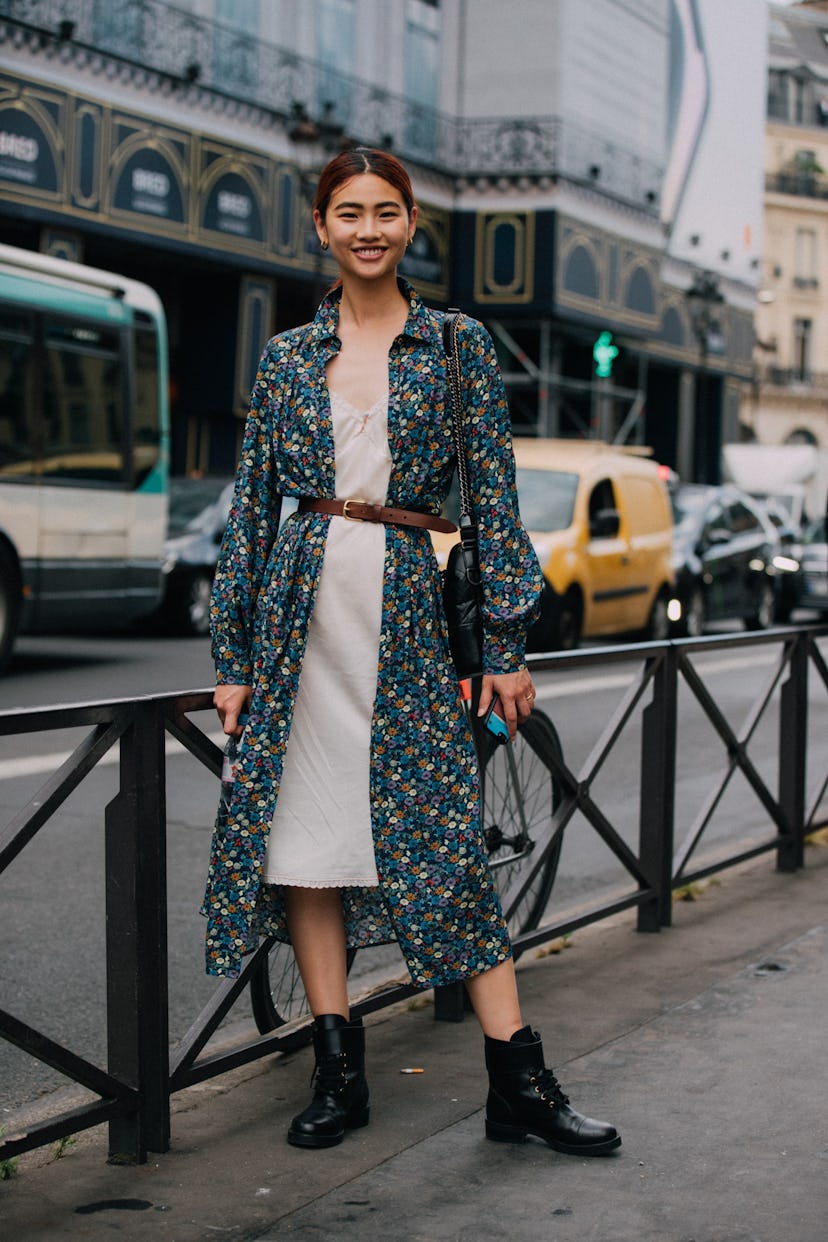 PARIS, FRANCE - JULY 2: Korean model Hoyeon Jung wears a a blue floral H&M dress-shirt, pink slip dr...