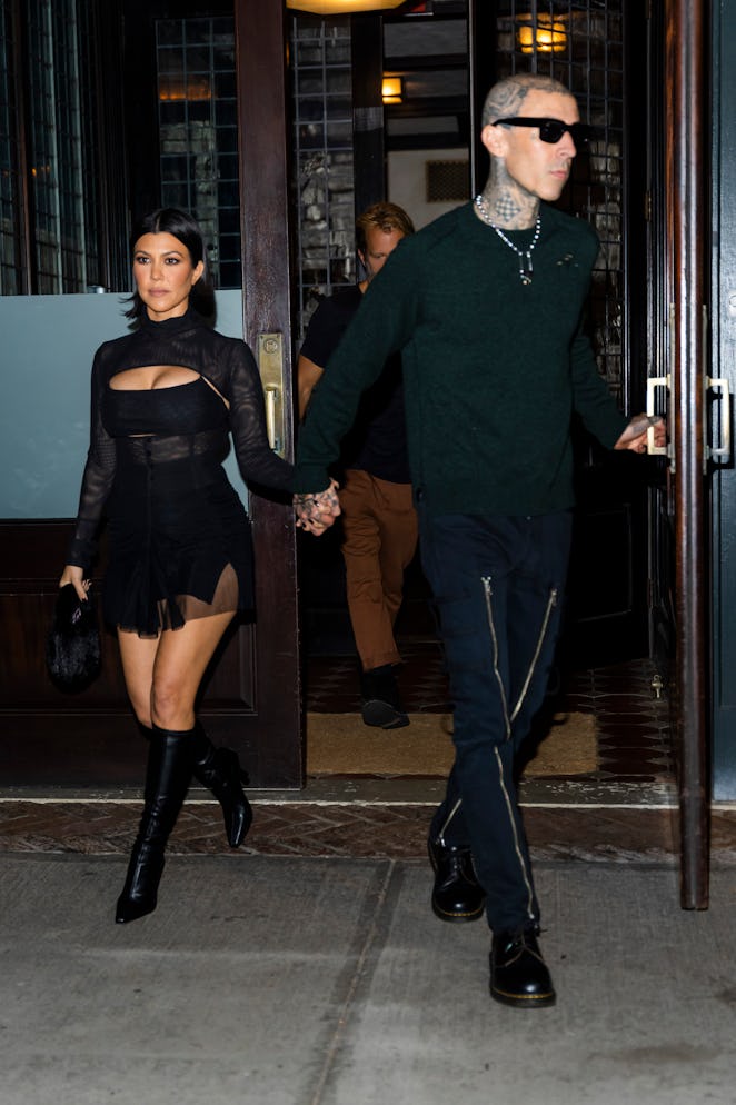 NEW YORK, NEW YORK - OCTOBER 14: Kourtney Kardashian and Travis Barker are seen in Tribeca on Octobe...