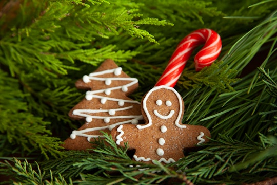 Delicious Christmas gingerbread ,star, tree, snow shaped cookies on white grunge wooden table.