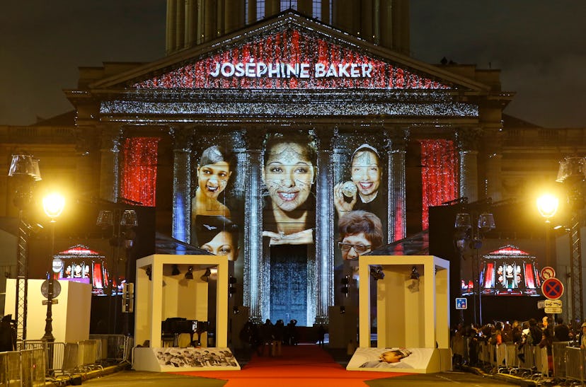 A sound and light showing Josephine Baker pictures is projected on the facade of the Pantheon during...