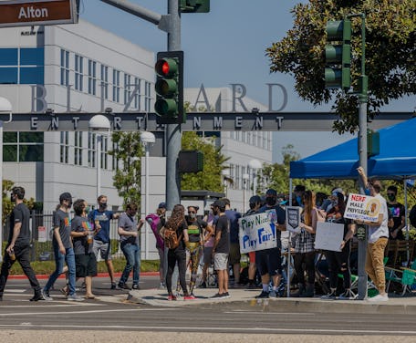 Irvine, CA - July 28: Several hundred Activision Blizzard employees stage a walkout which they say i...