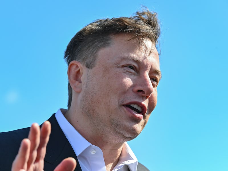 03 September 2020, Brandenburg, Grünheide: Elon Musk, head of Tesla, stands on the construction site...