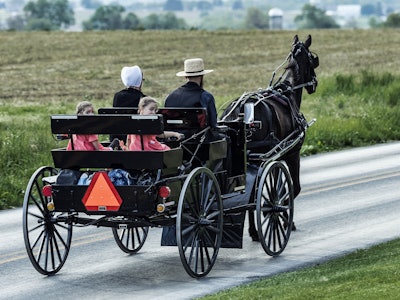 Amish family in horse drawn buggy. (Photo by: John Greim/Loop Images/Universal Images Group via Gett...