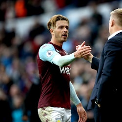 Aston Villa's Jack Grealish with manager Dean Smith after the final whistle during the Premier Leagu...