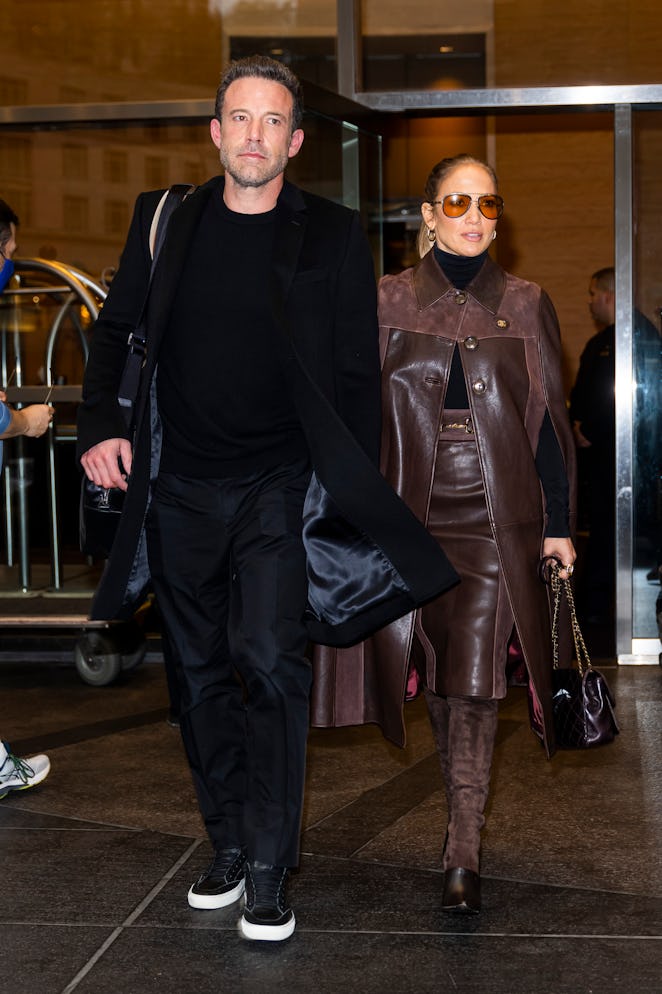 NEW YORK, NEW YORK - OCTOBER 10: Ben Affleck (L) and Jennifer Lopez are seen in Midtown on October 1...