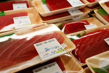 SAN FRANCISCO - JANUARY 23:  Packages of Maguro (bluefin) tuna sashimi are seen on display at the Ni...
