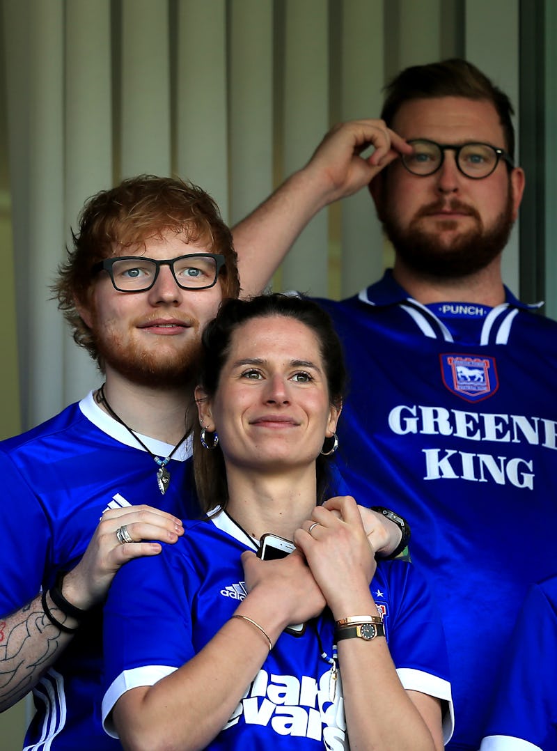 IPSWICH, ENGLAND - APRIL 21: Musician Ed Sheeran and fiance Cherry Seaborn look on during the Sky B...