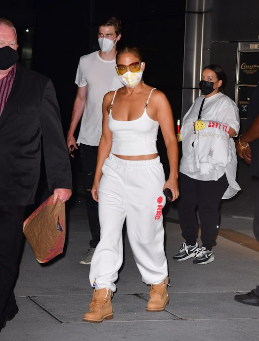 NEW YORK, NY - AUGUST 09:  Jennifer Lopez leaves Hudson Yards after filming a music video with Malum...