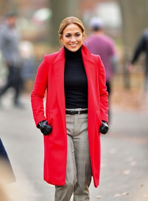 NEW YORK, NY - DECEMBER 04:  Jennifer Lopez seen on location for 'Second Act' in Central Park on Dec...