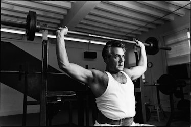 American politician US Representative Barney Frank lifts a barbell as he works out in a gym, Washing...