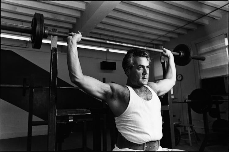 American politician US Representative Barney Frank lifts a barbell as he works out in a gym, Washing...