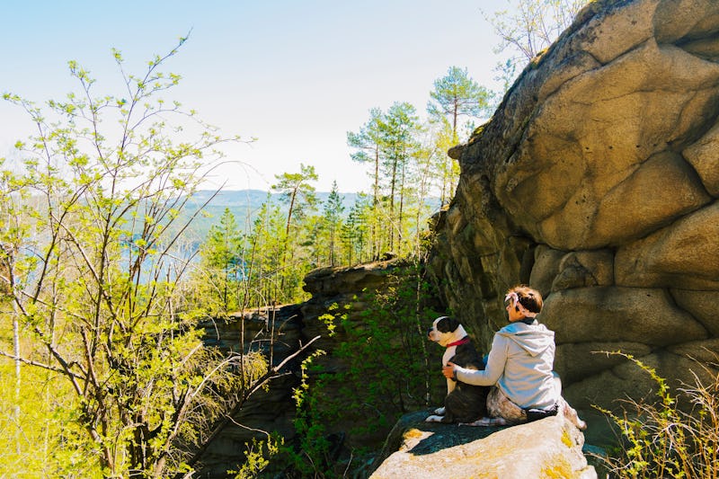 person with dog sitting on a rock in the mountains