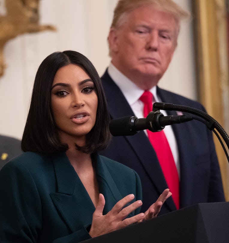 Kim Kardashian speaks alongside US President Donald Trump during a second chance hiring and criminal...