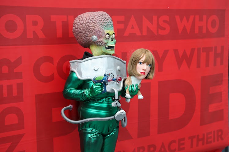 NEW YORK, NEW YORK - OCTOBER 10: A cosplayer dressed as a Mars Attacks alien poses during Day 4 of N...