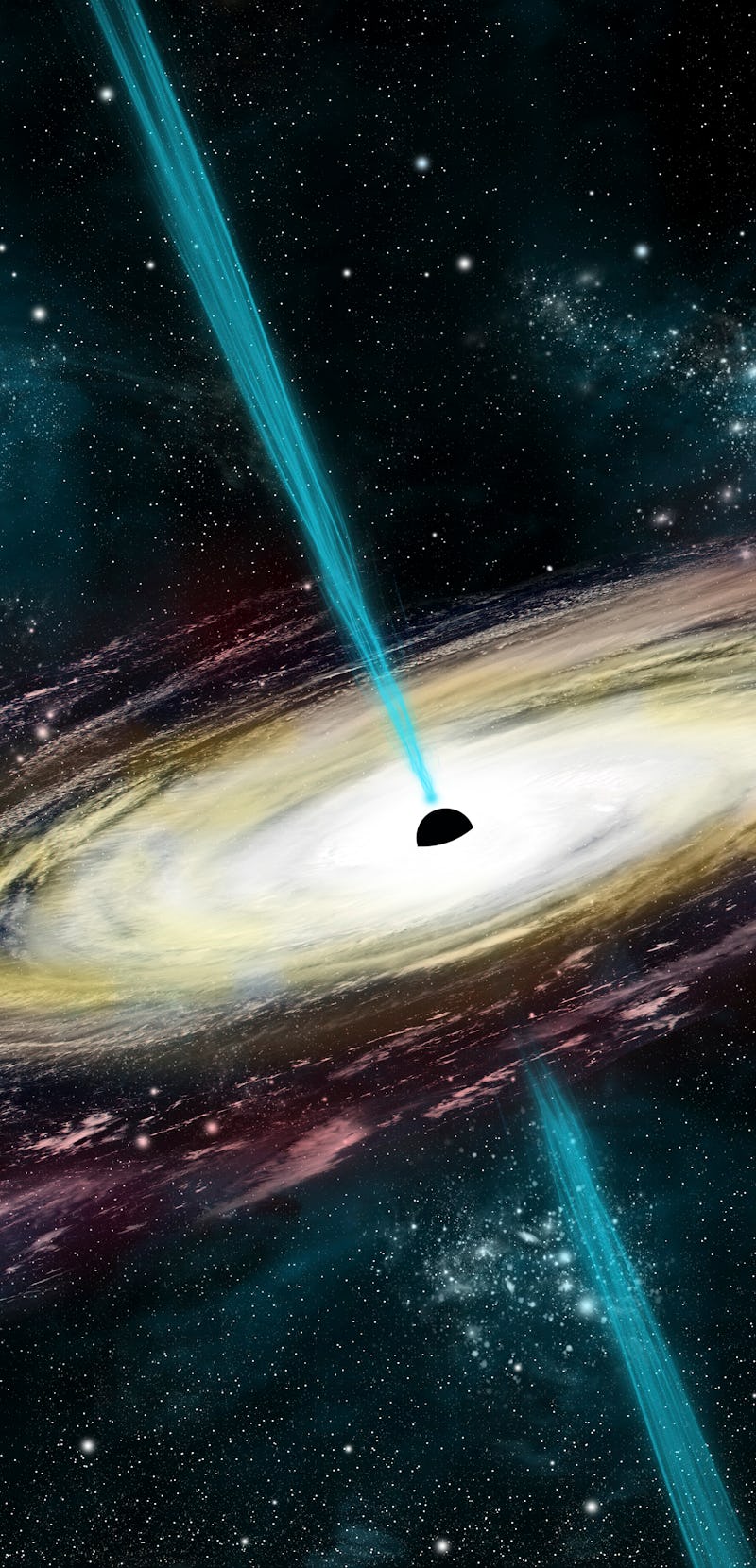 An artists depiction of a black hole in interstellar space pulling in gas and dust that start to hea...