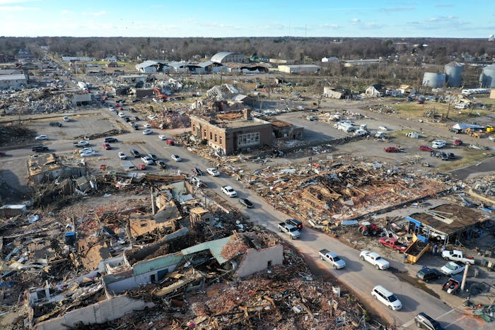 MAYFIELD, KENTUCKY - DECEMBER 11: In this aerial view, homes and businesses are destroyed after a to...