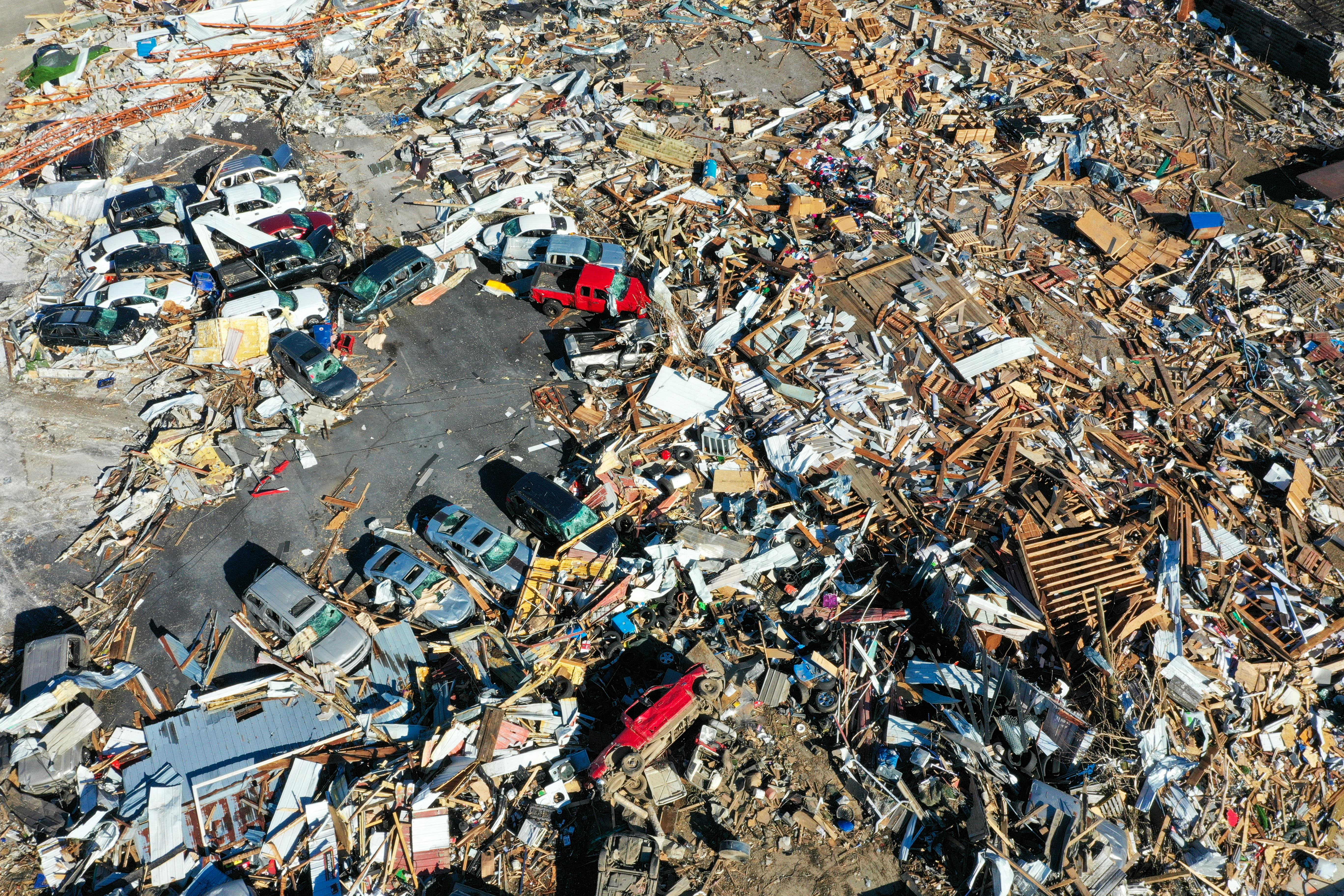 An aerial photo of the destruction caused by tornadoes in Kentucky, where organizations are finding ...