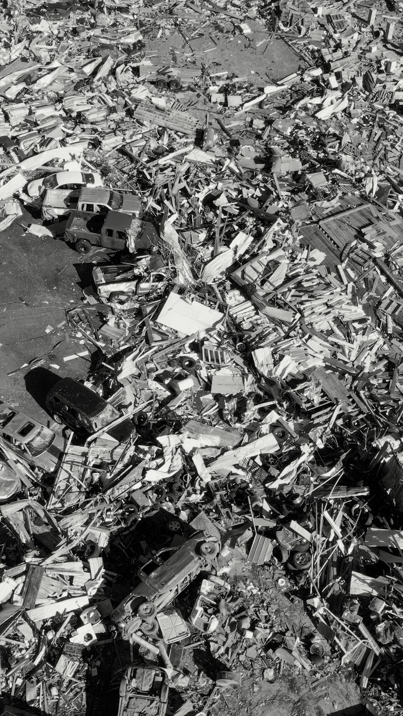 An aerial photo of the destruction caused by tornadoes in Kentucky, where organizations are finding ...