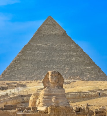 Great Sphinx of Giza (representing pharaoh Khafre) and Pyramid of Khafre (aka "Pyramid of Chephren")...