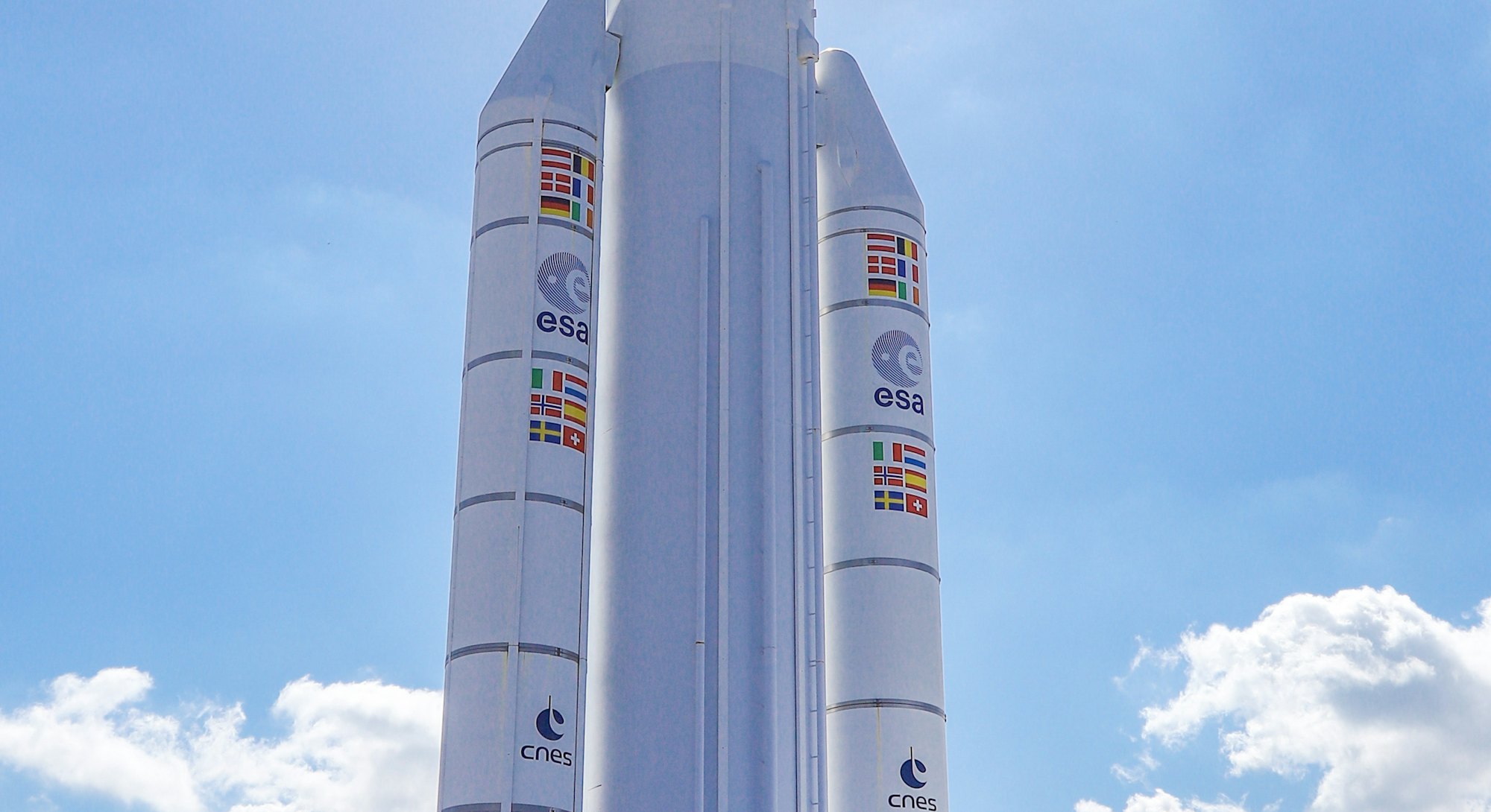 Ariane V space rocket with boosters standing. Full-scale model demonstration of Ariane 5 launcher sp...