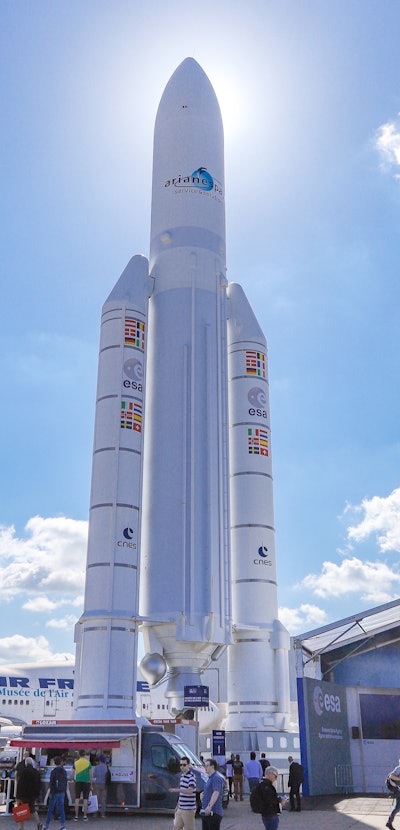 Ariane V space rocket with boosters standing. Full-scale model demonstration of Ariane 5 launcher sp...